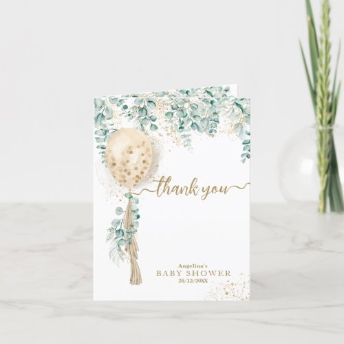 Balloon Eucalyptus gold leaves Baby Shower  Thank You Card
