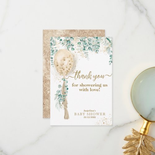 Balloon Eucalyptus gold leaves Baby Shower Thank You Card
