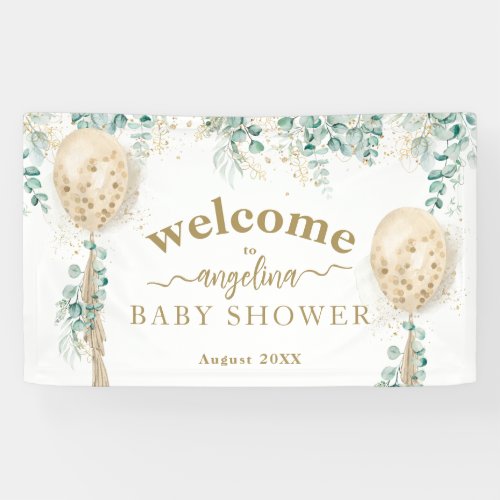 Balloon Eucalyptus gold leaves Baby Shower Welcome Banner