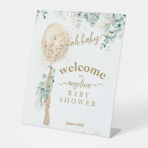 Balloon Eucalyptus gold leaves Baby Shower welcome Pedestal Sign