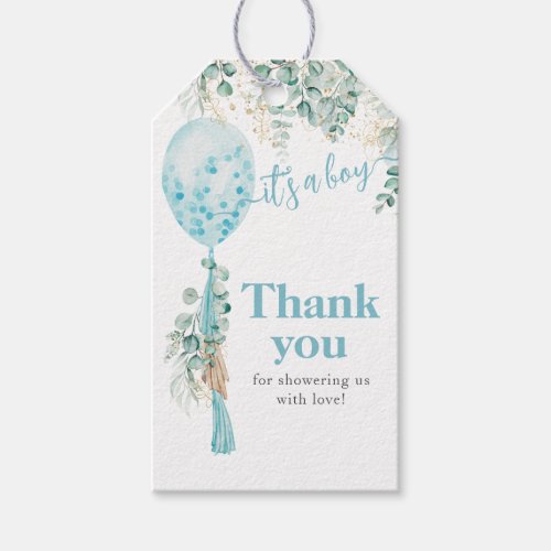 Balloon Eucalyptus gold leaves Boy Baby Shower Gift Tags
