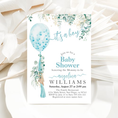 Balloon Eucalyptus gold leaves Boy Baby Shower Invitation