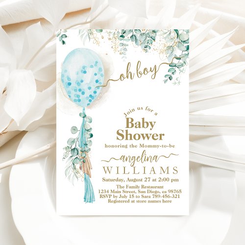 Balloon Eucalyptus gold leaves Boy Baby Shower  Invitation