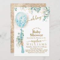 Balloon Eucalyptus gold leaves Boy Baby Shower  Invitation