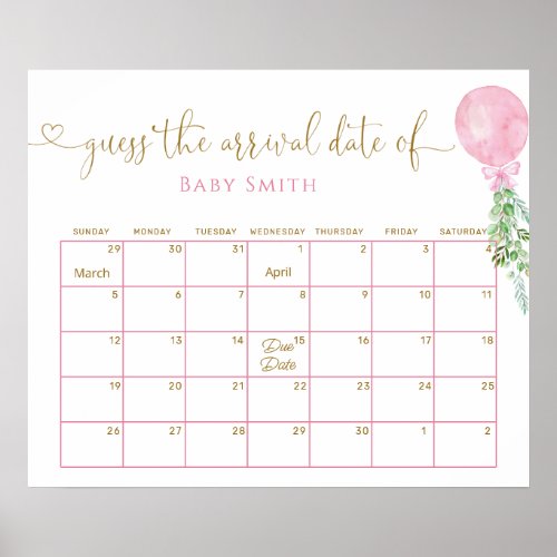 Balloon Eucalyptus Guess Baby Due Date Calendar  Poster