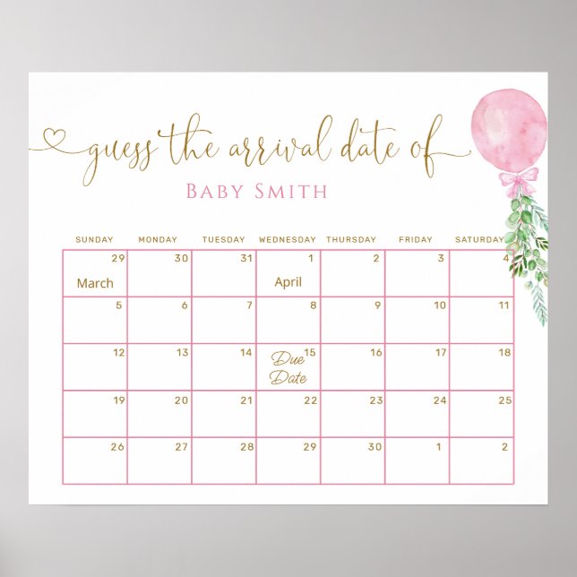 Balloon Eucalyptus Guess Baby Due Date Calendar  Poster (Front)