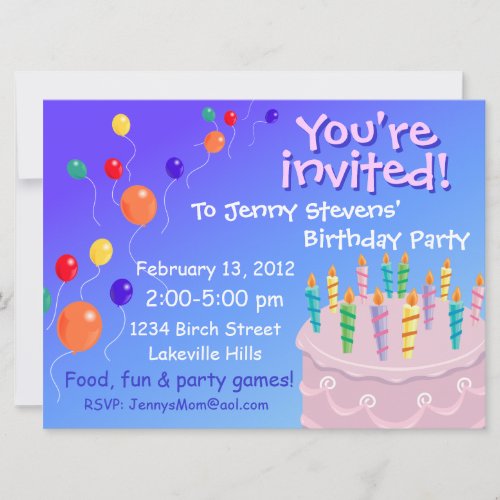 Balloon Festooned Pink Frosting Birthday Cake Invitation