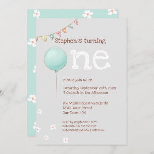 Balloon & Flags 1st Birthday Invitation