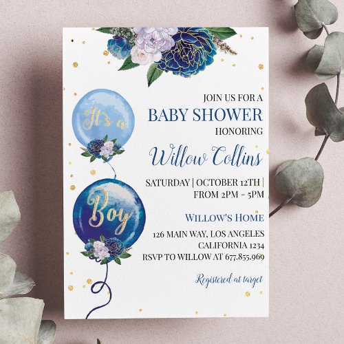 Balloon Floral Boy Baby Shower Invitation