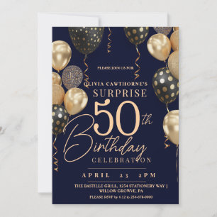 Balloon Gold & Blue 50th Photo Birthday Invitation