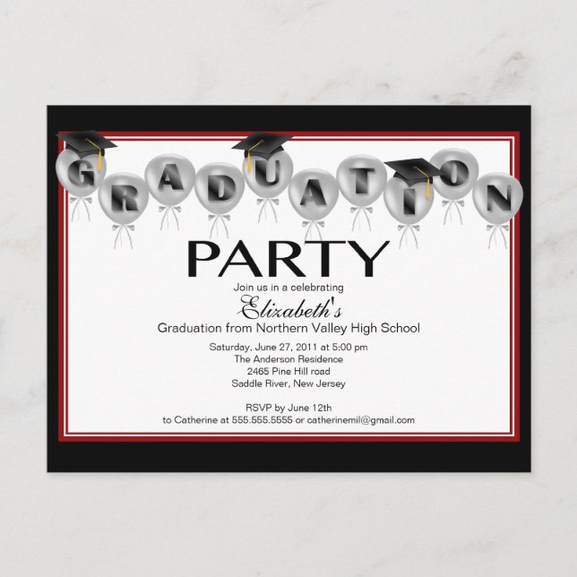 Balloon Graduation Party Invitation Black Grad Cap Postcard (Front)