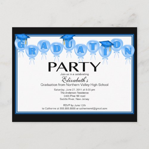 Balloon Graduation Party Invitation Blue Grad Cap