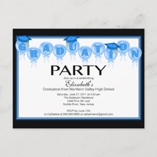 Balloon Graduation Party Invitation Blue Grad Cap Postcard