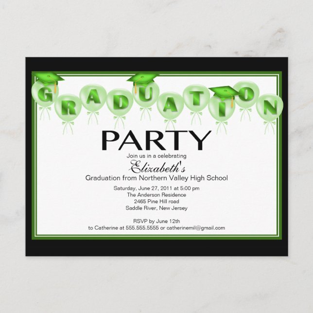 Balloon Graduation Party Invitation Green Cap Postcard (Front)