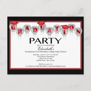 Balloon Graduation Party Invitation Red Grad Cap