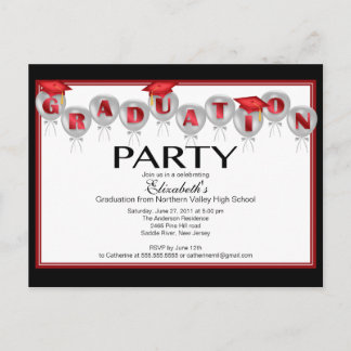 Balloon Graduation Party Invitation Red Grad Cap Postcard