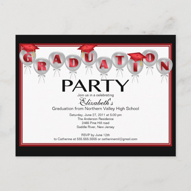 Balloon Graduation Party Invitation Red Grad Cap Postcard (Front)