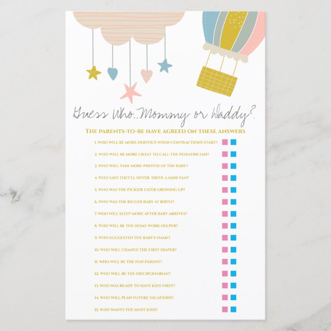Balloon Guess Who, Mommy or Daddy Baby Shower Game (Front)