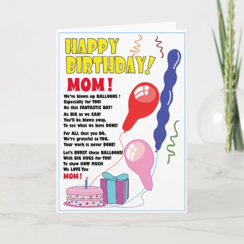 BALLOON Happy Birthday MOM from kids birthday Card