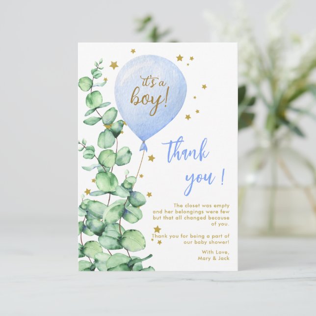 Balloon It's A Boy Baby Shower Thank You Card (Standing Front)