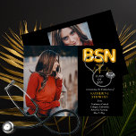 Balloon Letters BSN Caduceus Stethoscope Grad Announcement<br><div class="desc">Two photo collage landscape design graduation announcement for a "BSN" with gold-toned balloon letters,  a gold-toned caduceus and a gray and silver-toned stethoscope.  Composite design by Holiday Hearts Designs (rights reserved).</div>