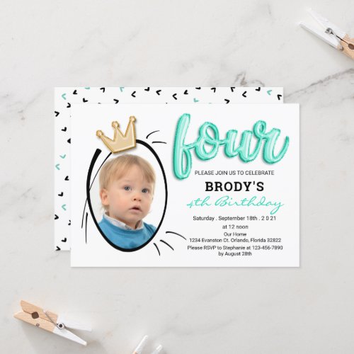 Balloon Letters  Modern Four Years Old Boys Photo Invitation