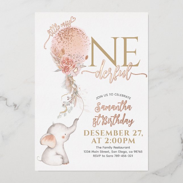 Balloon Little Miss Onederful Girl 1st Birthday Foil Invitation (Front)