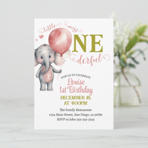Balloon Little Miss Onederful Girl 1st Birthday Invitation
