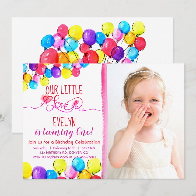 BALLOON LOVE Girl 1st Birthday Invitation Pink Red (Front/Back)