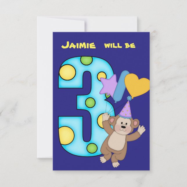 Balloon Monkey 3rd Birthday Party Invitation (Front)