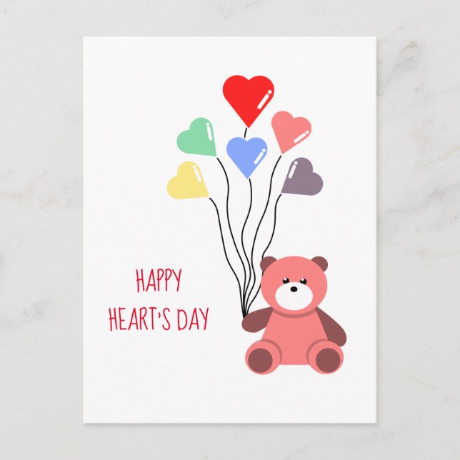 BALLOON OF HEARTS AND TEDDY BEAR POSTCARD (Front)