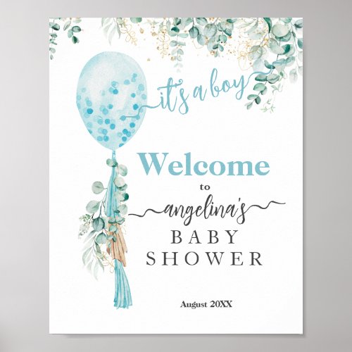 Balloon Pampas Eucalyptus Boy Baby Shower welcome Poster