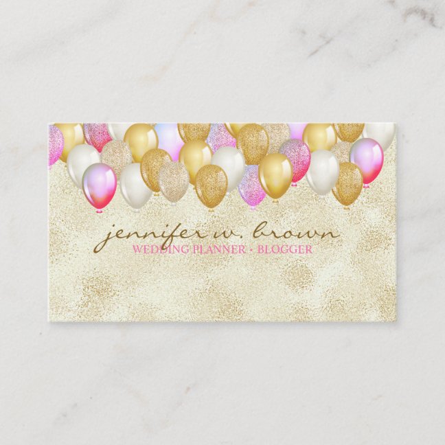 Balloon Party Planner Gold Pink Business Card