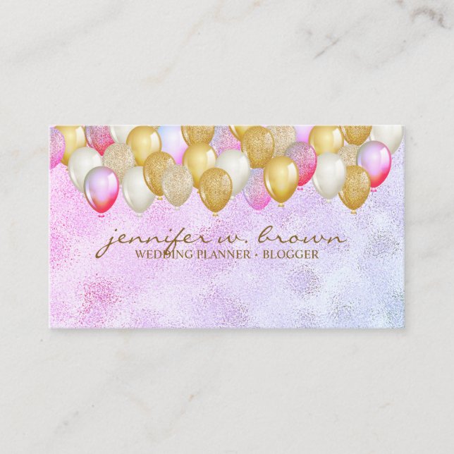 Balloon Party Planner Gold Pink Purple Business Card (Front)