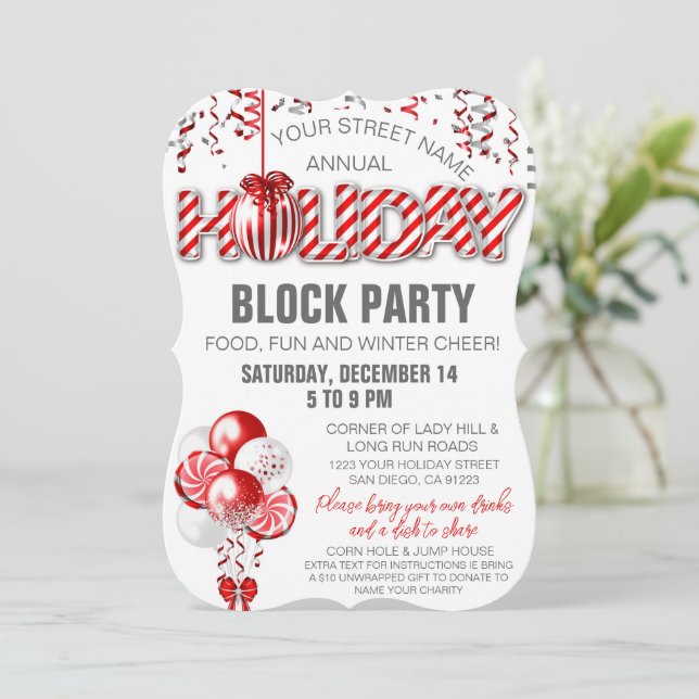 Balloon Peppermint Candy Cane Holiday Invitation (Standing Front)
