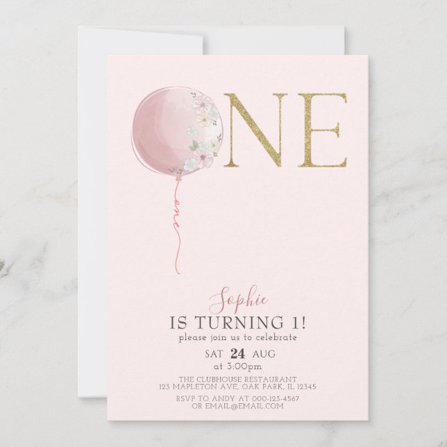 Balloon Pink and Gold Girls 1st Birthday Invitation (Front)