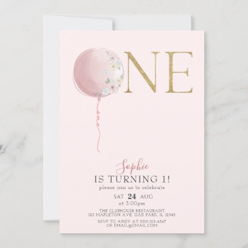 Balloon Pink and Gold Girls 1st Birthday Invitation