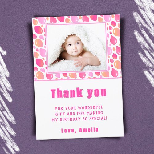 Balloon Pink Girl Kids Photo Birthday  Thank You Card