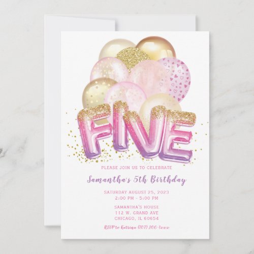 Balloon Pink Purple Gold 5th Birthday Invitation