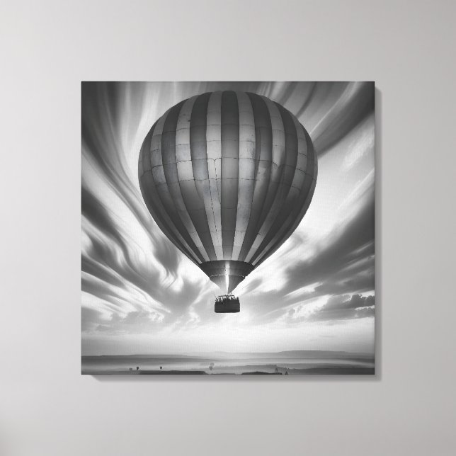 Balloon’s Voyage: A Serene Monochrome Ascent” Canvas Print (Front)
