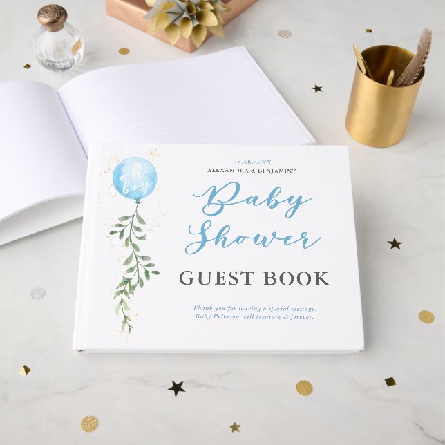 Balloon Soft Greenery Dusty Blue Boy Baby Shower Guest Book (Front Open)