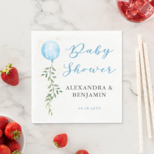 Balloon Soft Greenery Dusty Blue Boy Baby Shower Napkins