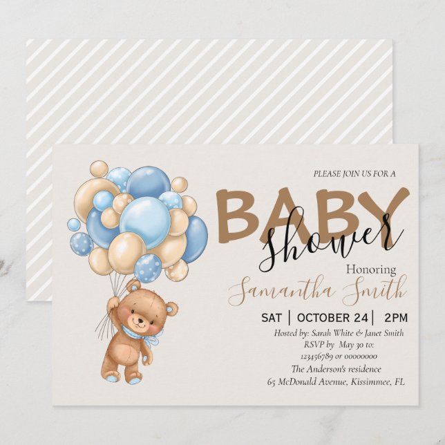 Balloon Teddy Bear Brown Baby Shower Invitations  (Front/Back)