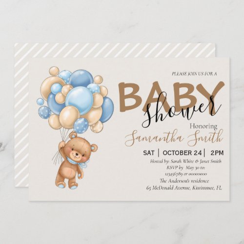 Balloon Teddy Bear Brown Baby Shower Invitations 