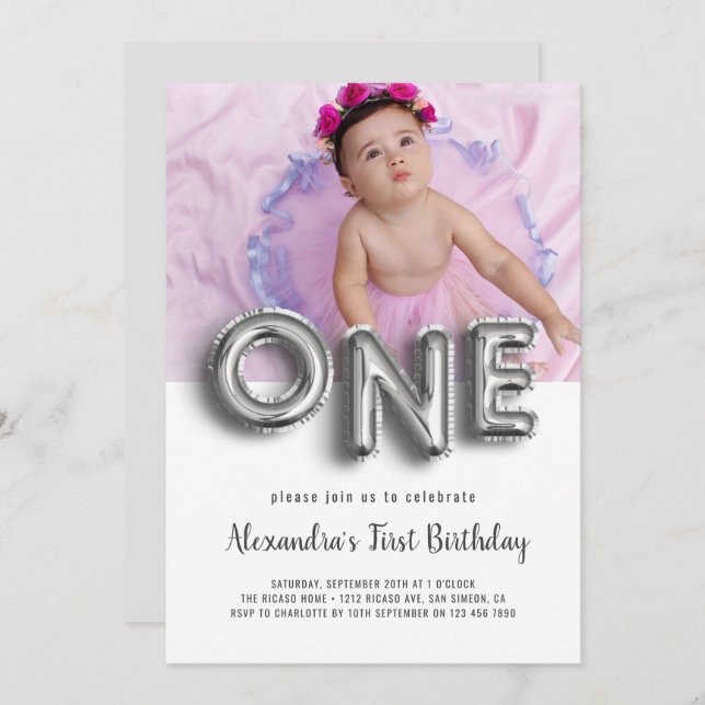 Balloon Text First Birthday Photo Personalized Invitation (Front/Back)