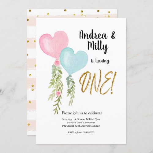 Balloon Twin Boy and Girl Birthday Invitation