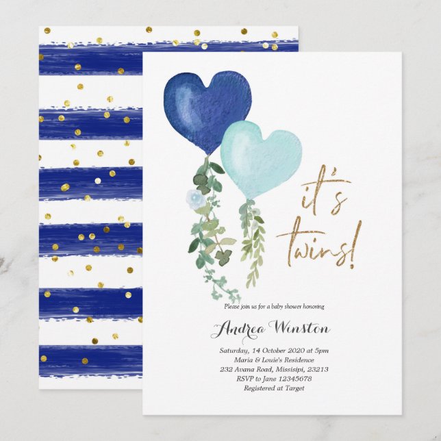 Balloon Twin Boy Baby Shower Invitation (Front/Back)