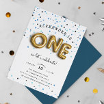 Balloon Type | First Birthday Party Invitation<br><div class="desc">Adorable party invitation's for your little one's first birthday feature "ONE" spelled out in gold balloons,  on a background of blue confetti. Personalize with your first birthday party details in a combo of whimsical and modern lettering. Invitations reverse to solid marine blue.</div>