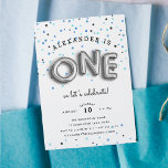Balloon Type | First Birthday Party Invitation<br><div class="desc">Adorable party invitation's for your little one's first birthday feature "ONE" spelled out in silver balloons,  on a background of blue confetti. Personalize with your first birthday party details in a combo of whimsical and modern lettering. Invitations reverse to solid marine blue.</div>