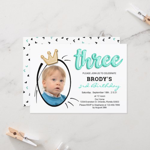 Balloon Type  Minimalist Photo 3rd Birthday Party Invitation